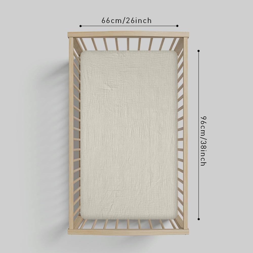 LYRICHOM BABY muslin crib sheets 38x26x5 inches displayed for universal mattress fit.