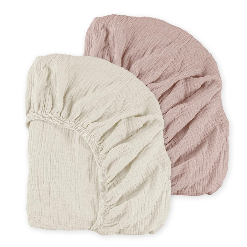 LYRICHOM BABY muslin mini crib sheets 2-pack close-up shows breathable cotton texture.