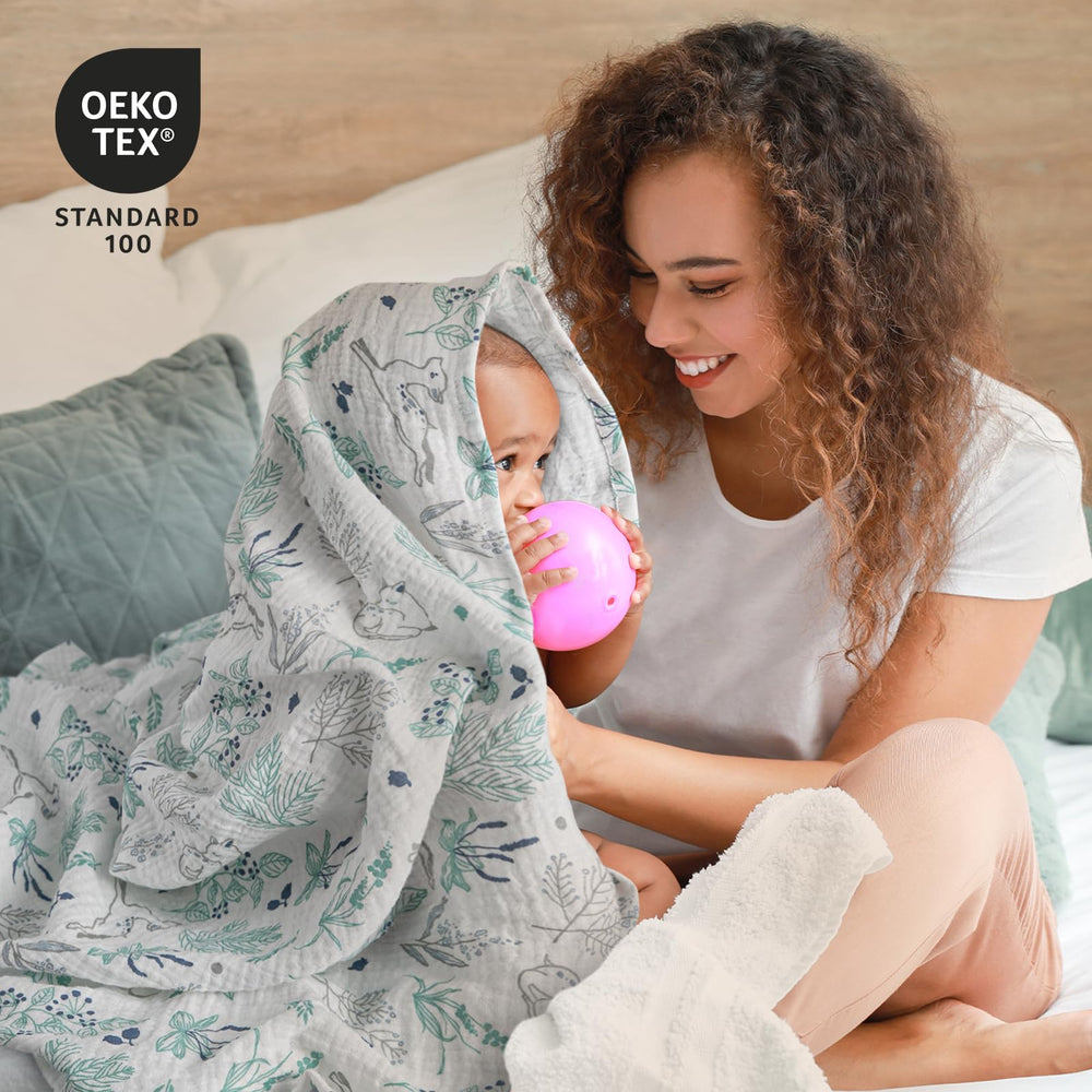 LYRICHOM BABY muslin swaddle blanket flatlay shows 38x40 inches for roomy newborn wrapping.