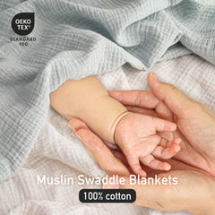 LYRICHOM BABY muslin swaddle blanket folded flat demonstrates compact, versatile swaddles at home.