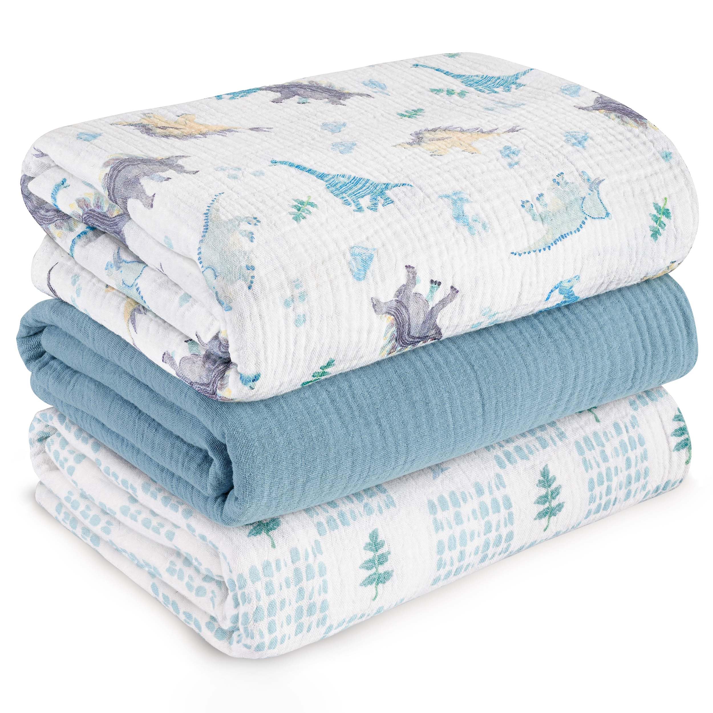 LYRICHOM BABY muslin swaddle blue dinosaur pack offers soft, breathable comfort.