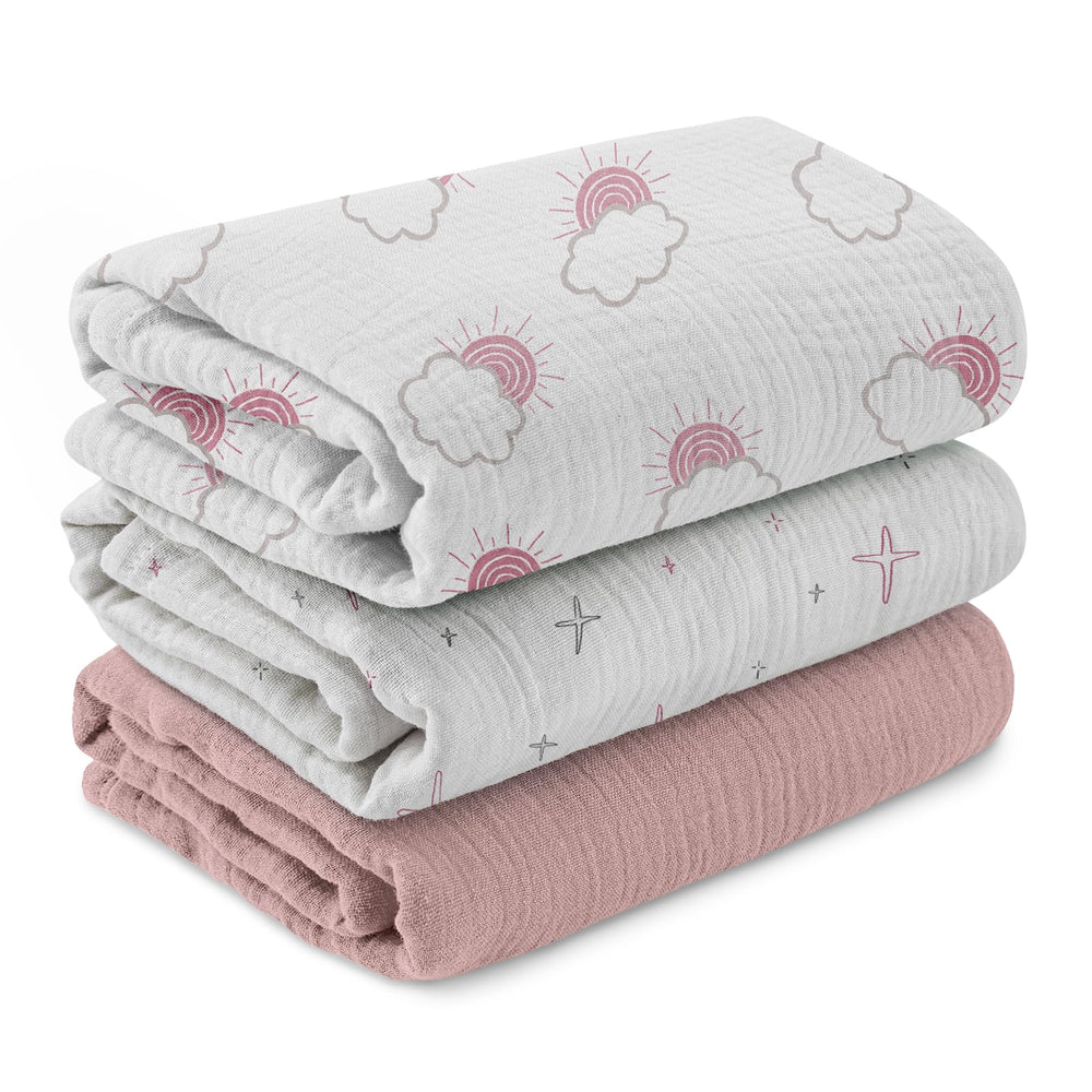LYRICHOM BABY clouds swaddle pack shows soft breathable muslin for gentle newborn swaddling.