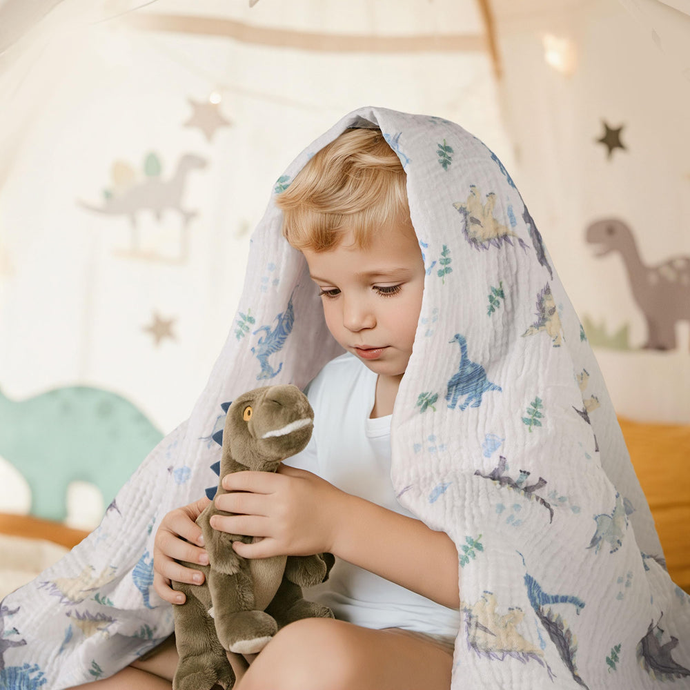 LYRICHOM BABY swaddle 38x40 inch blue dinosaur ideal for cuddles.
