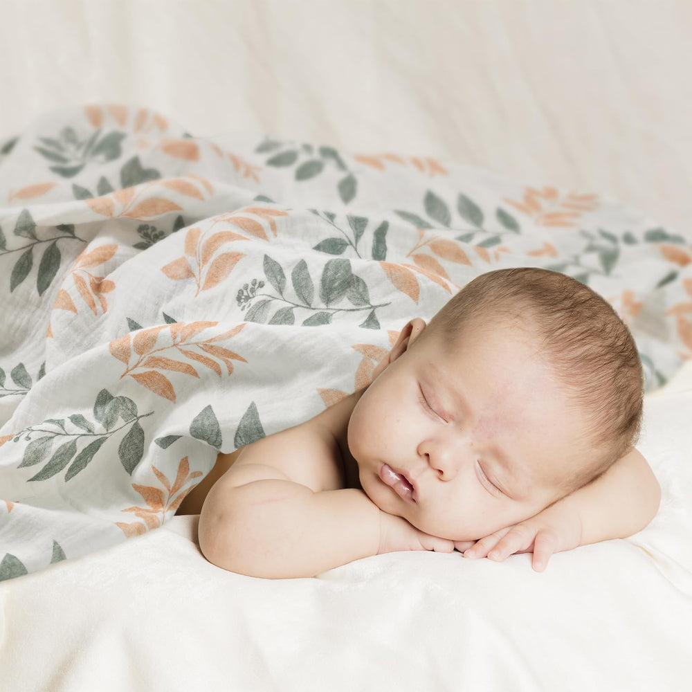LYRICHOM BABY swaddle blanket close-up highlights high-density organic cotton and gentle touch.