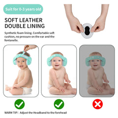 LYSIAN Aqua baby earmuffs elastic headband detail demonstrates secure, comfortable wear during travel