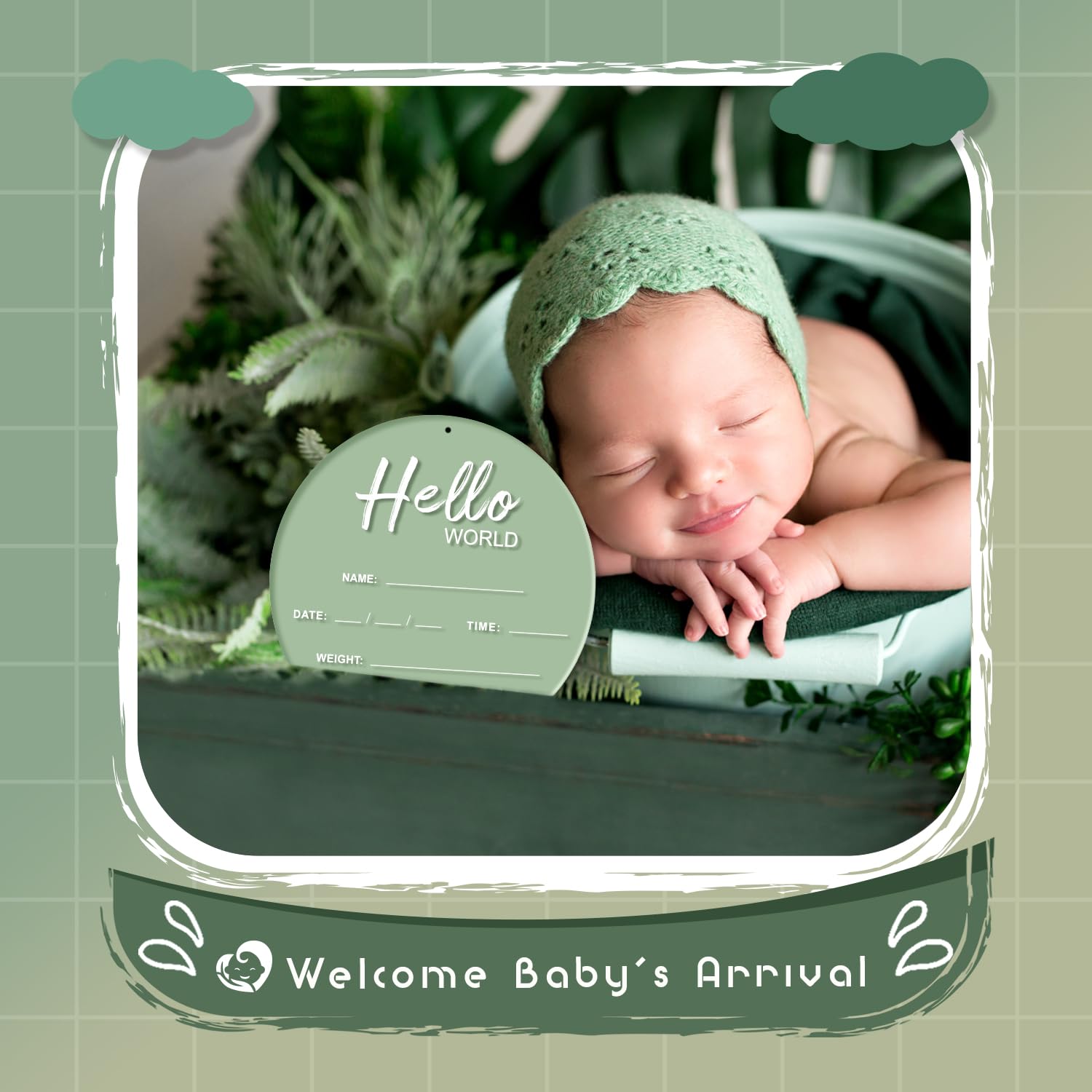 LZC LADYS GIFT hello world sign in green closeup for newborn photography