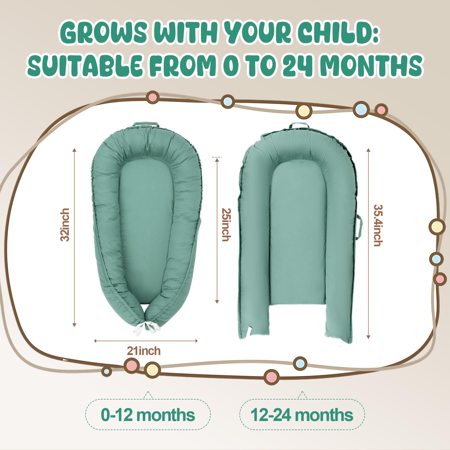 Lzhuanmi infant lounger with adjustable drawstring for growing baby comfort.