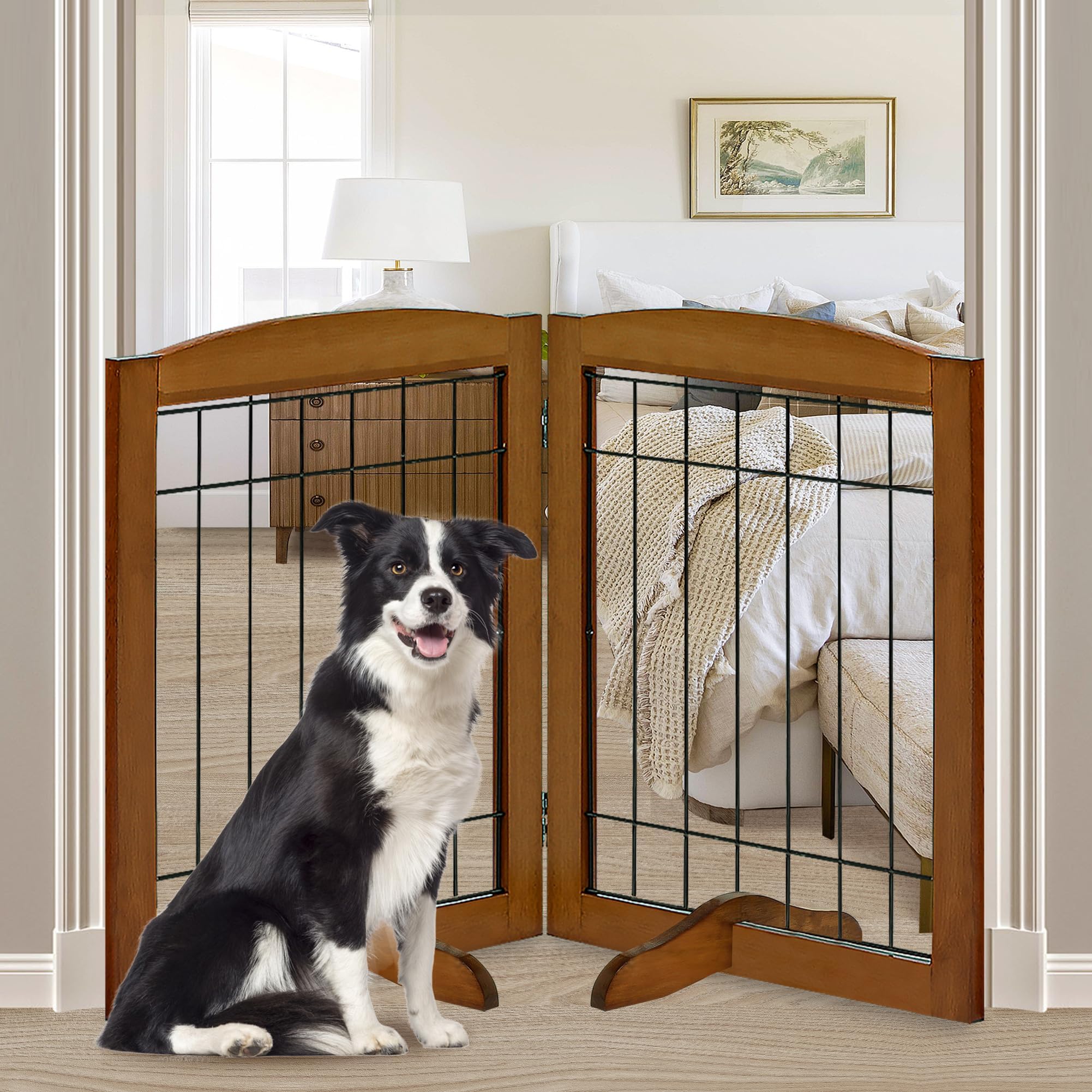LZRS 2-panel freestanding dog gate with wooden frame for doorway safety.