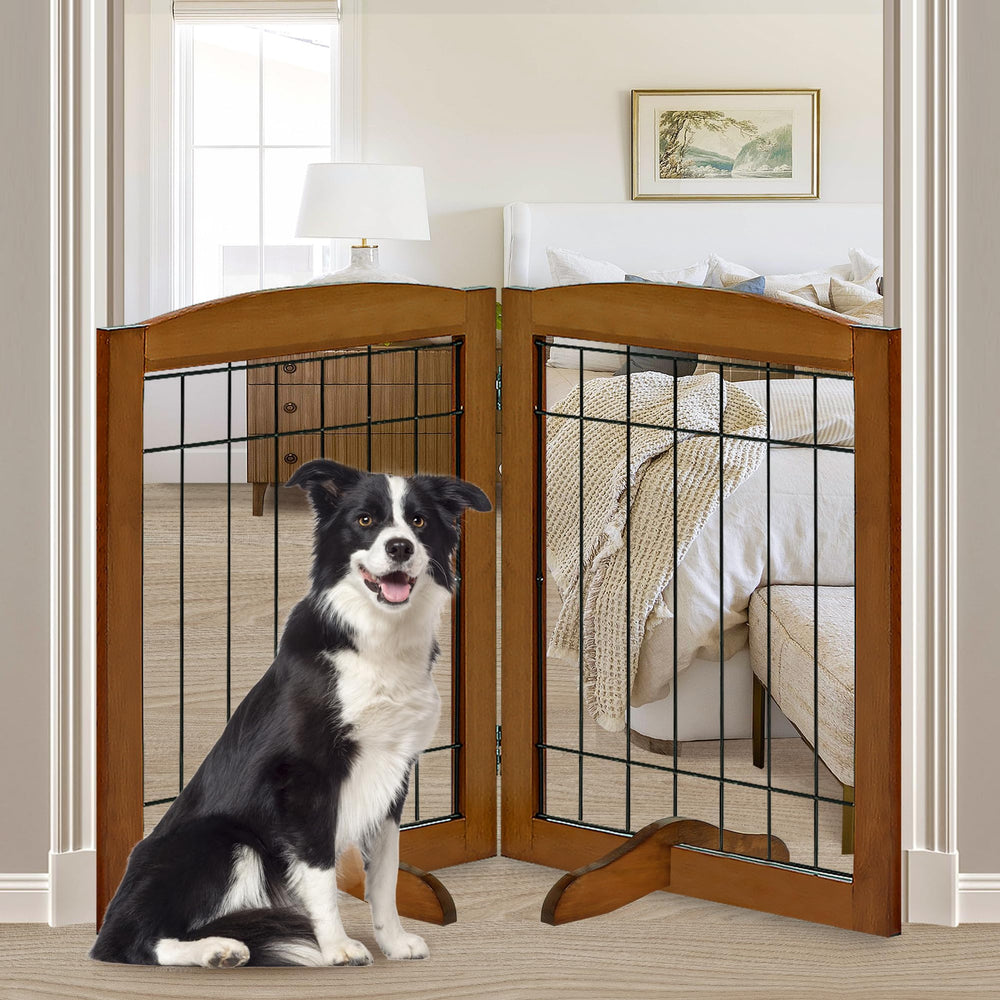LZRS 2-panel freestanding dog gate with wooden frame for doorway safety.