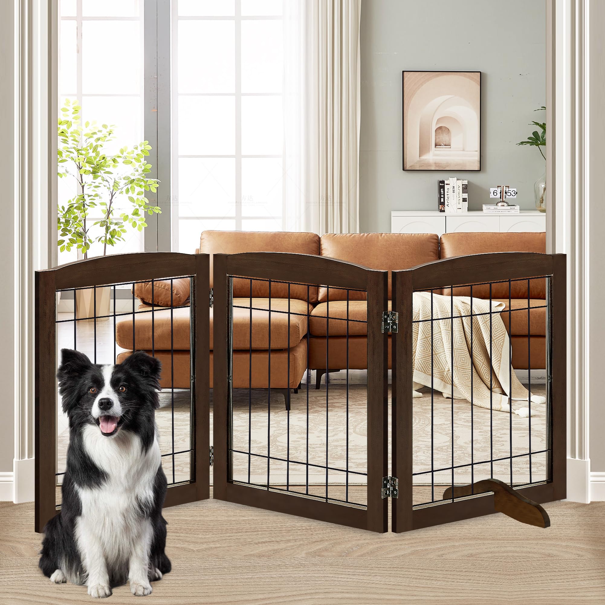 LZRS 3-panel freestanding dog gate in wood fits doorways and hallways.