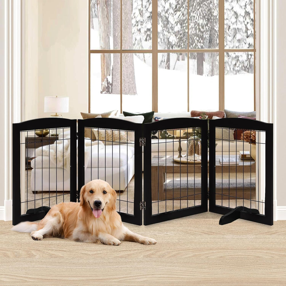 LZRS 4-panel dog gate assembled in black finish provides sturdy indoor pet containment.