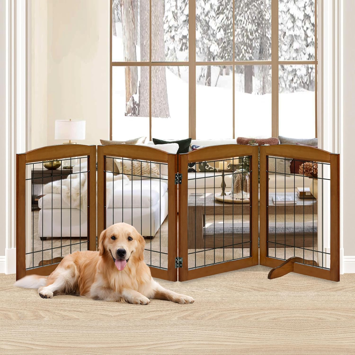 LZRS 4-panel dog gate assembly shows sturdy cherry wood and steel wires for durability.