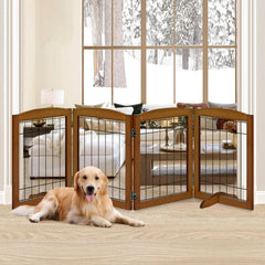 LZRS 4-panel dog gate assembly shows sturdy cherry wood and steel wires for durability.