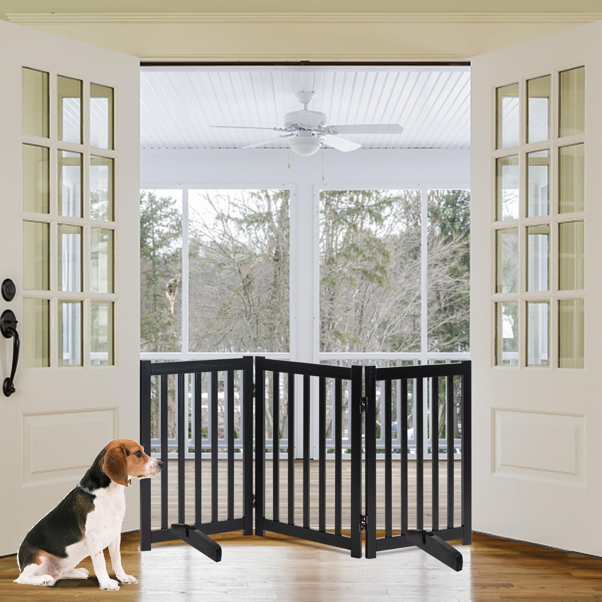 LZRS Freestanding Dog Gate staircase setup illustrates easy access control for pets.