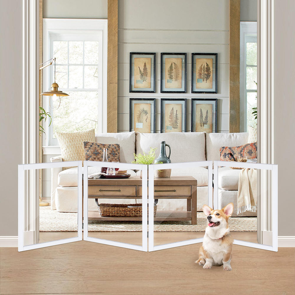 LZRS extra-wide clear dog gate assembly shows sturdy freestanding door-frame fit.