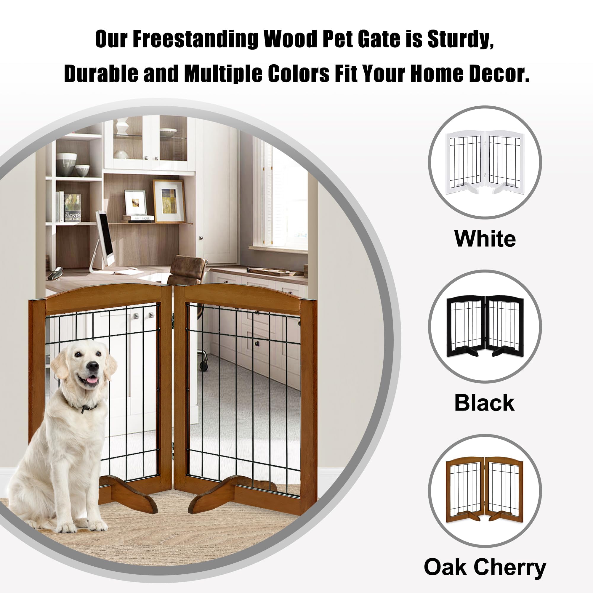 LZRS oak-cherry finish dog gate in home blends style with practical pet containment.