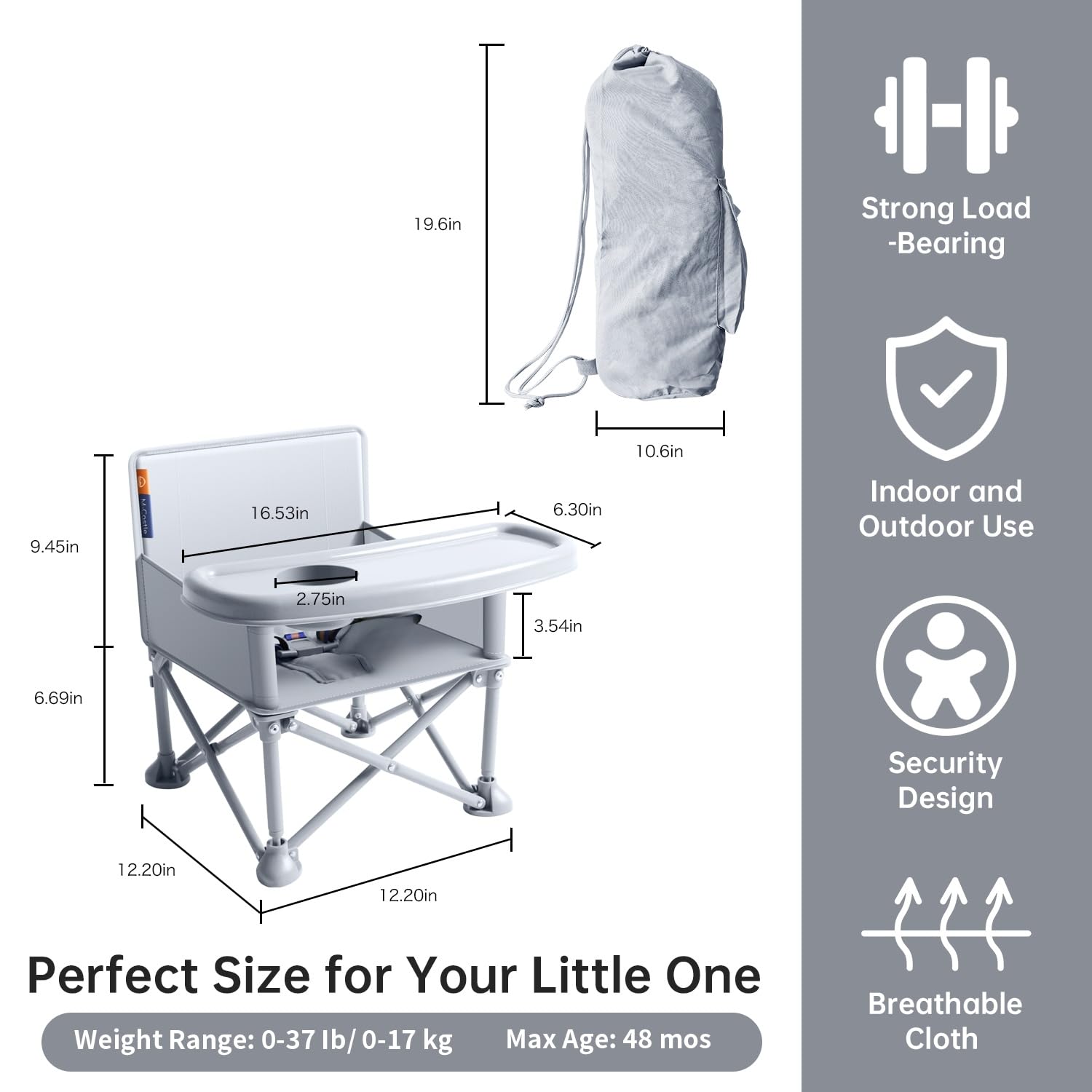 M-Castle booster seat with removable tray for quick cleaning.