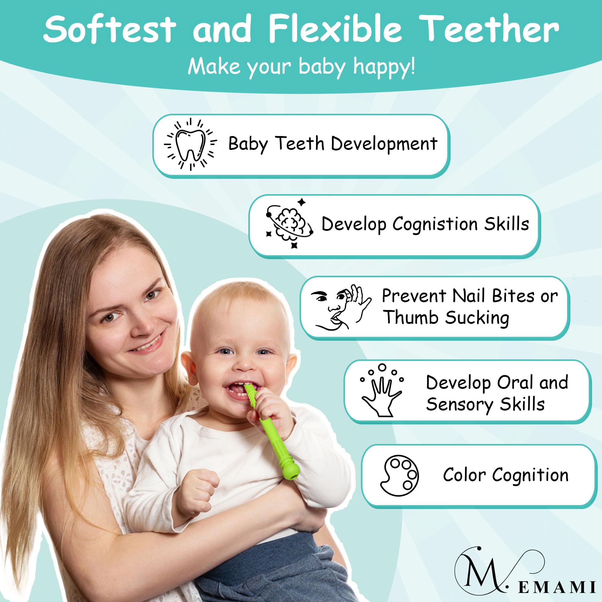 M. Emami teething toy designed for 6-18 month olds with safe silicone