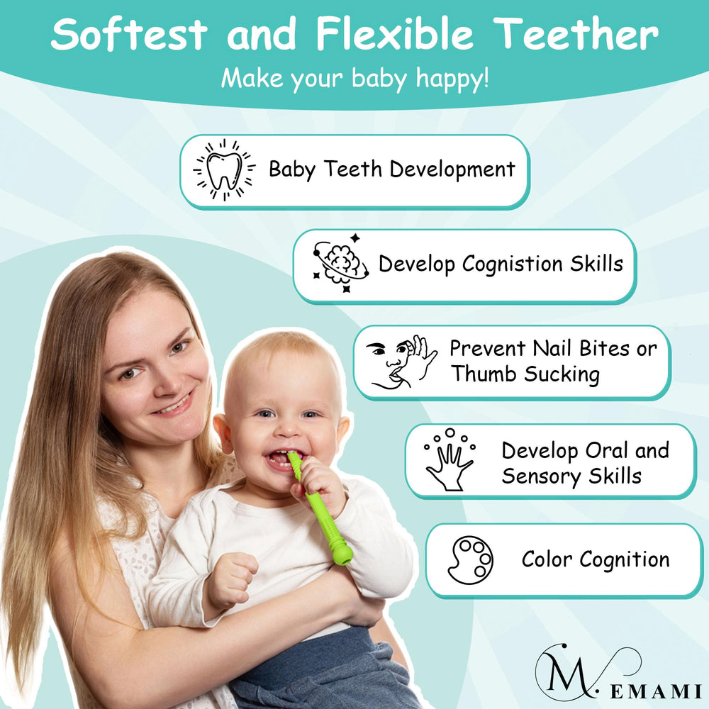 M. Emami teething toy designed for 6-18 month olds with safe silicone