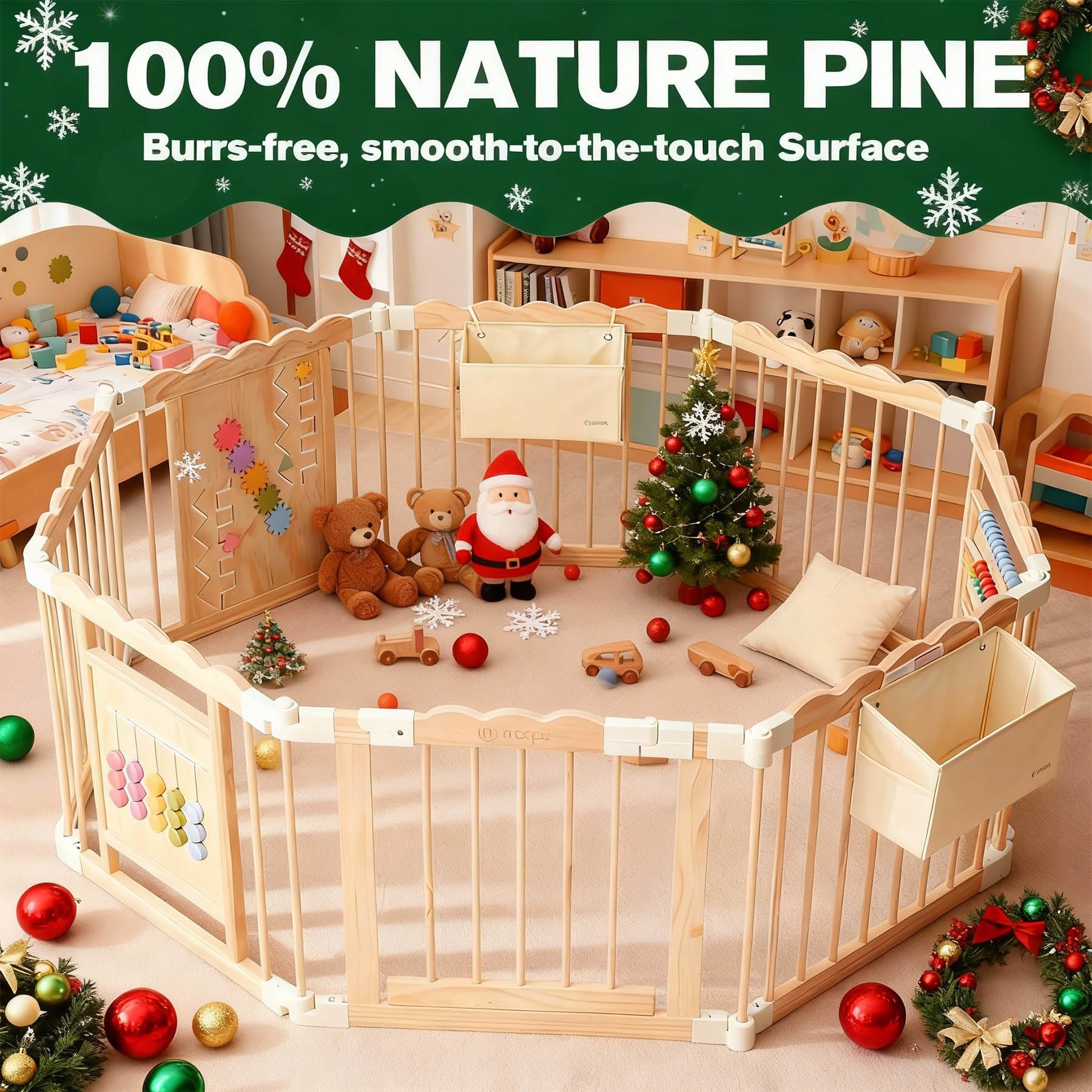 M MEEPO baby playpen demonstrates adjustable shape configurations for tight spaces.