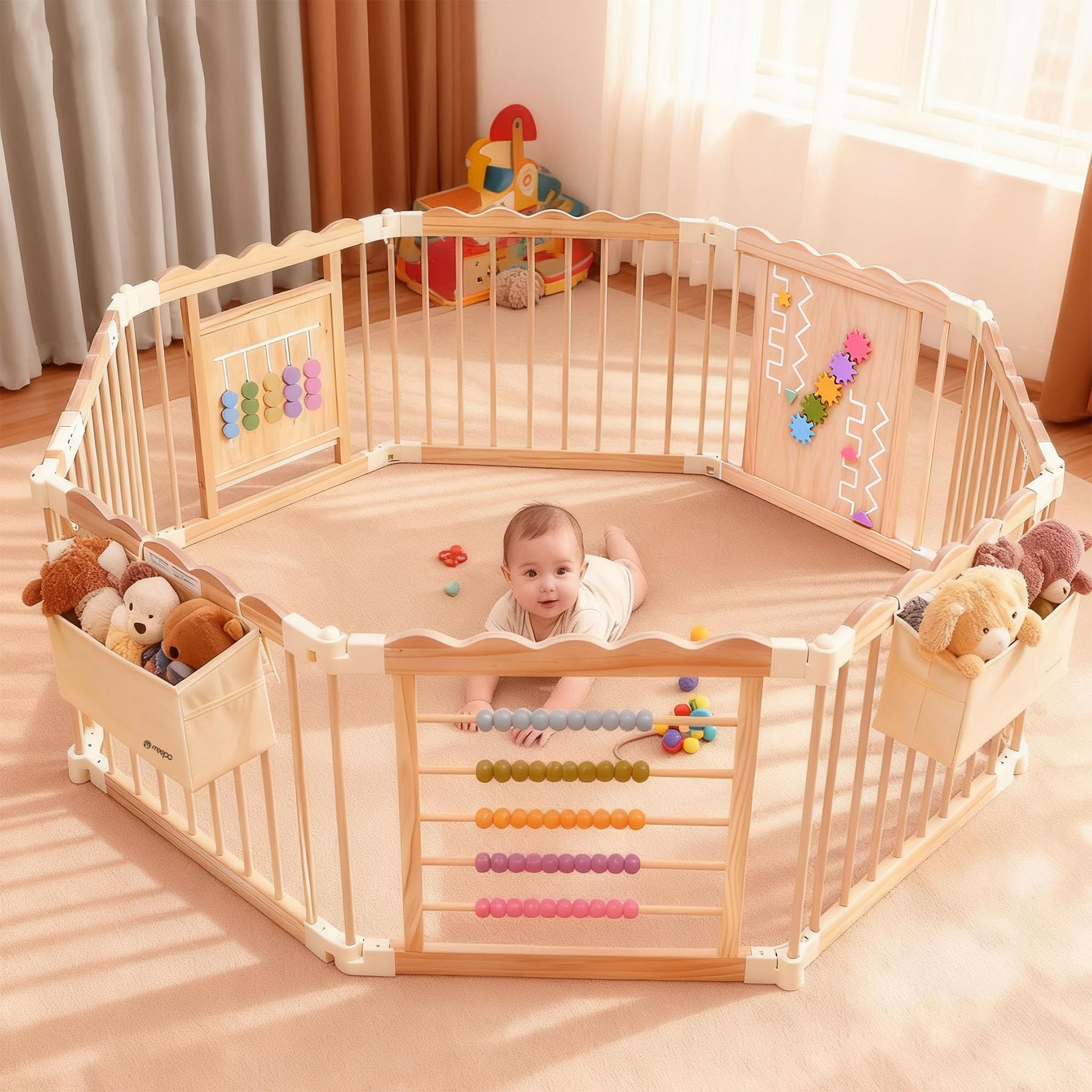 M MEEPO wooden playpen folded for compact storage and quick setup.