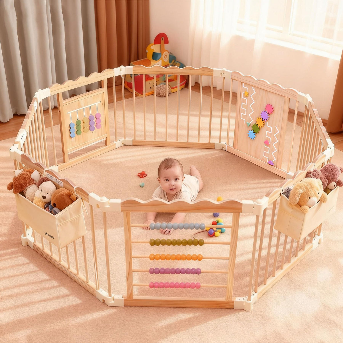 M MEEPO wooden playpen folded for compact storage and quick setup.
