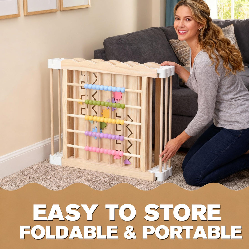 M MEEPO wooden playpen in a living room supports a defined play area.