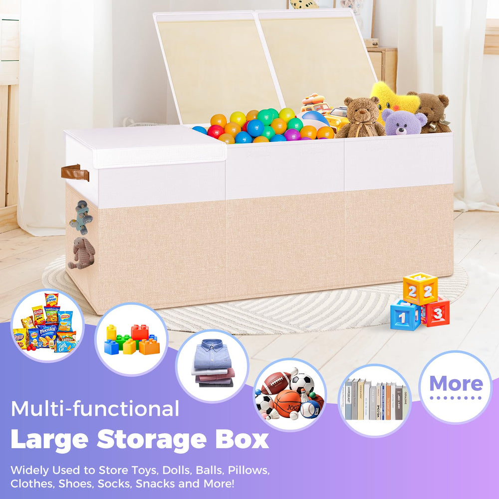 Mabahoo beige and white toy storage bin in living room setup