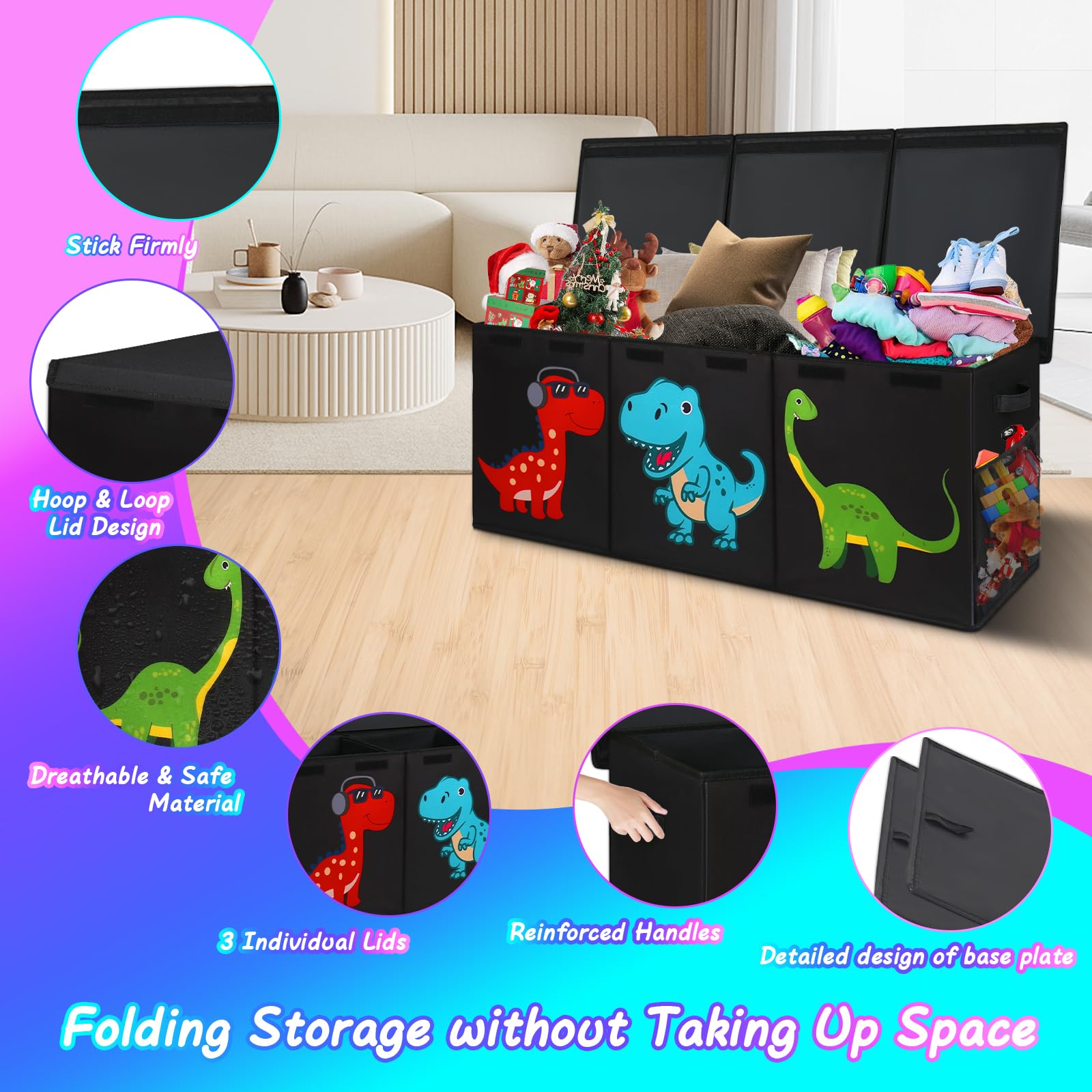 Mabahoo toy box folded for compact storage fits neatly in a corner
