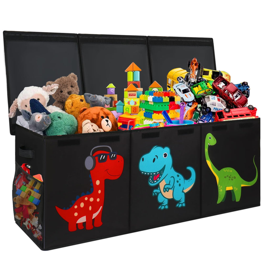 Mabahoo dinosaur toy box front view shows roomy plush toy storage for a tidy play area