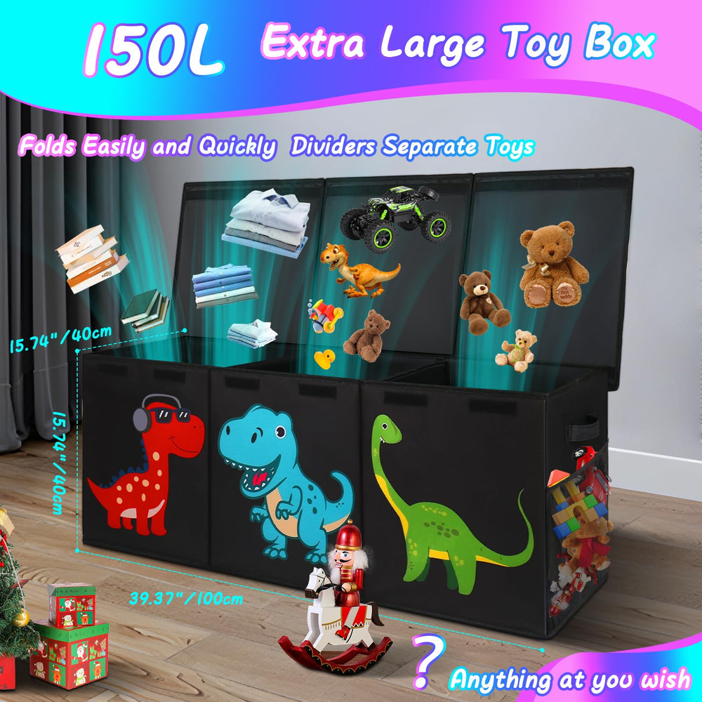 Mabahoo dinosaur toy box open lid demonstrates easy access to books and games