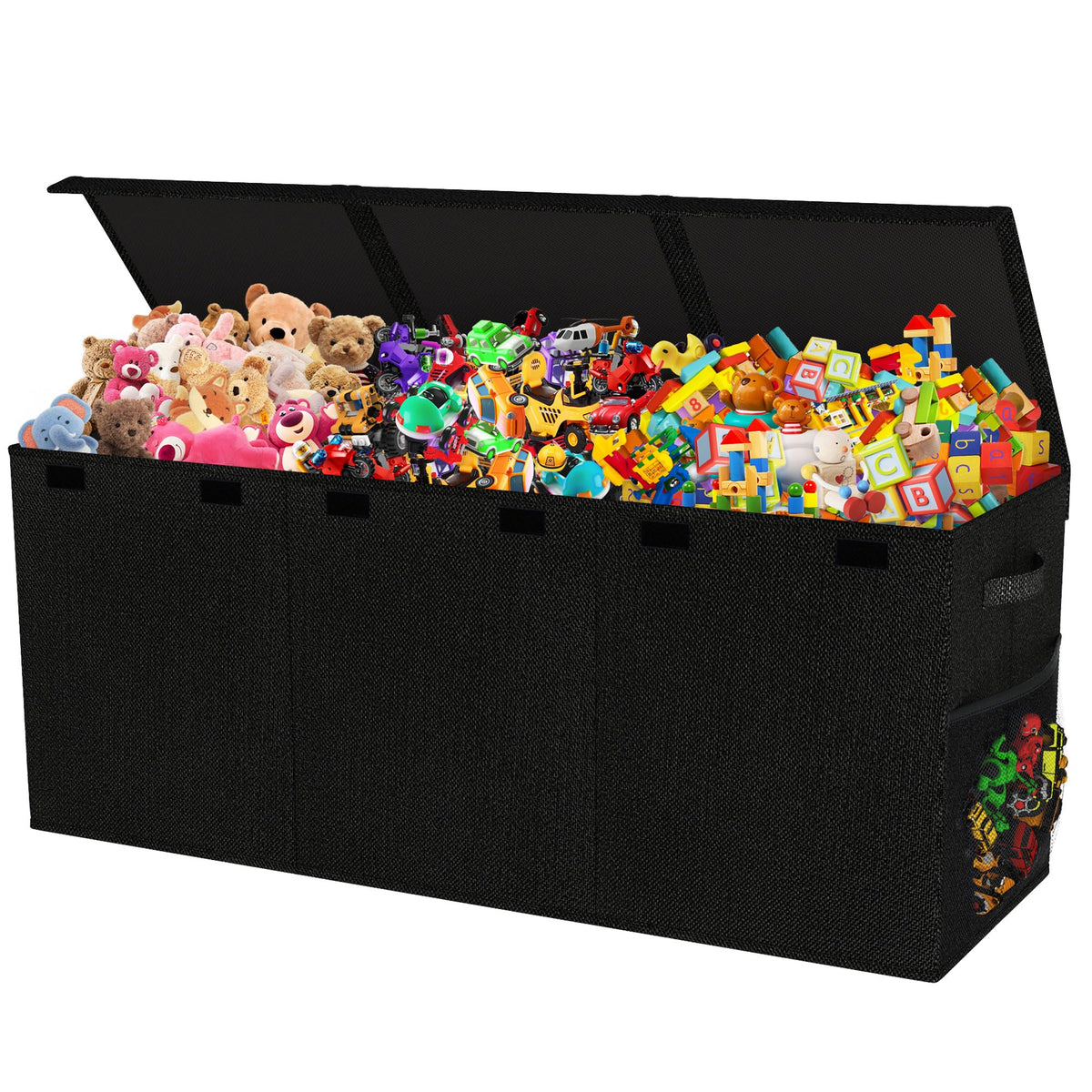Mabahoo extra-large toy box with collapsible lid for space-saving storage in the living room.