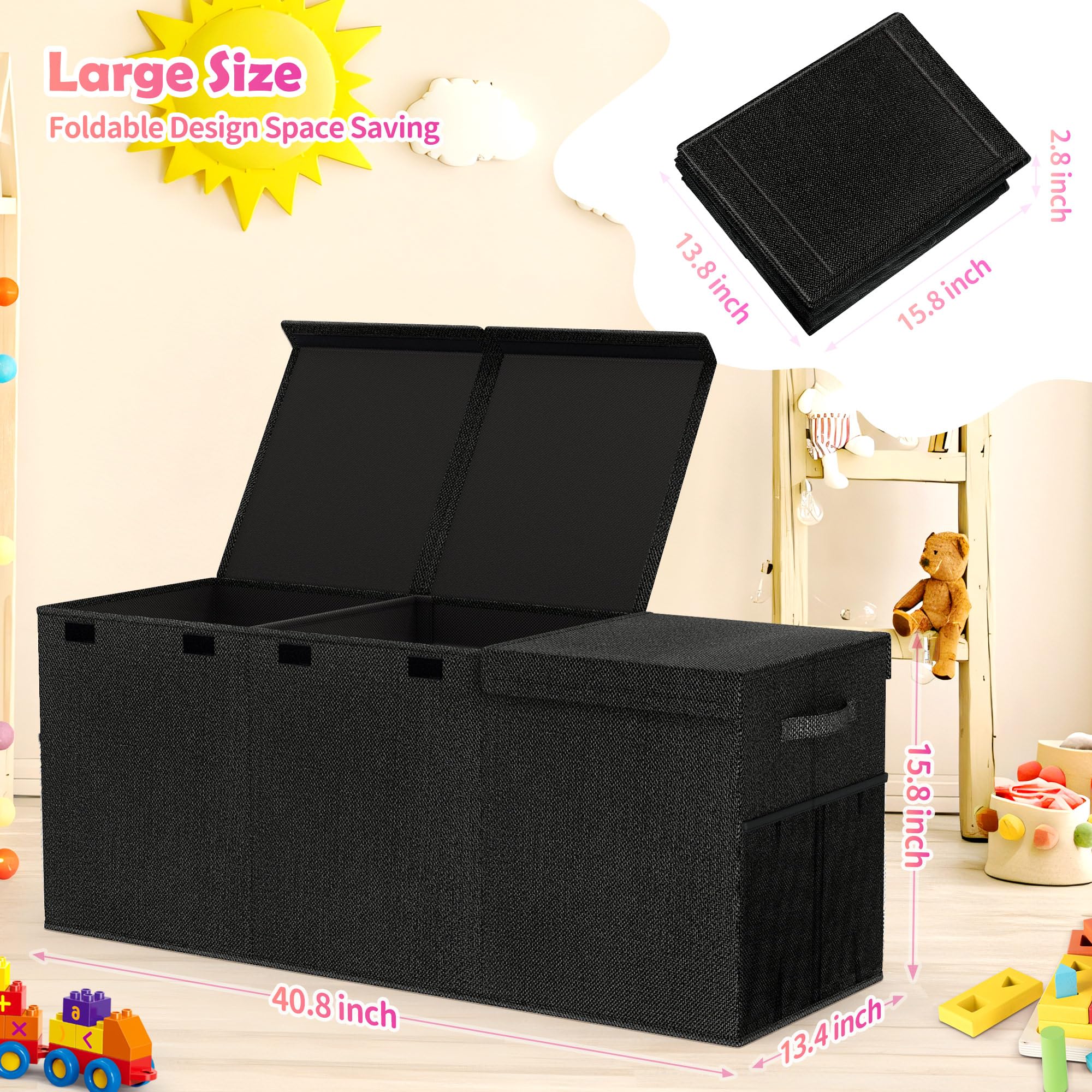 Mabahoo stackable-design toy box supports tidy stacking for space-efficient storage.