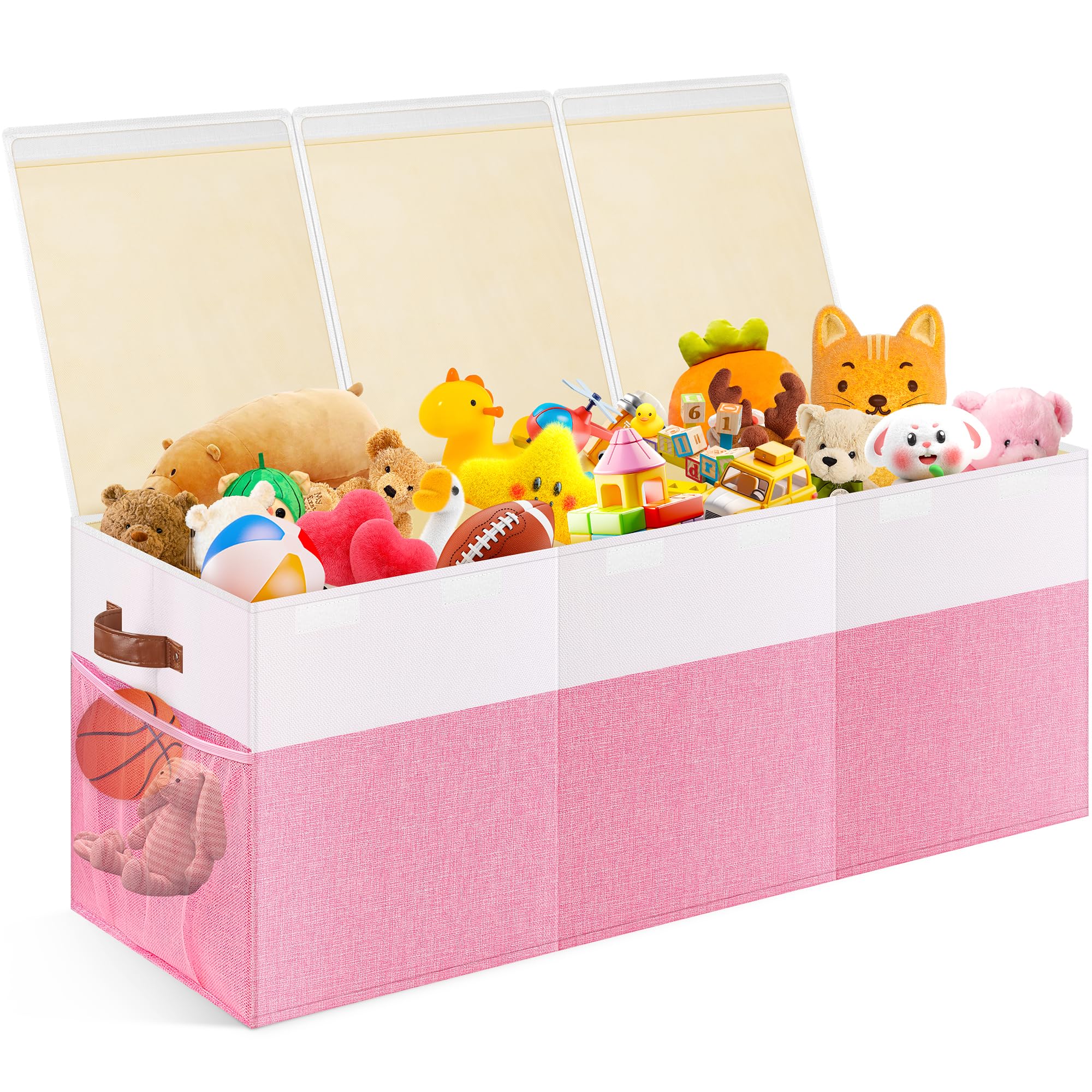 Mabahoo extra-large toy storage box with lid keeps plush toys organized and dust-free.