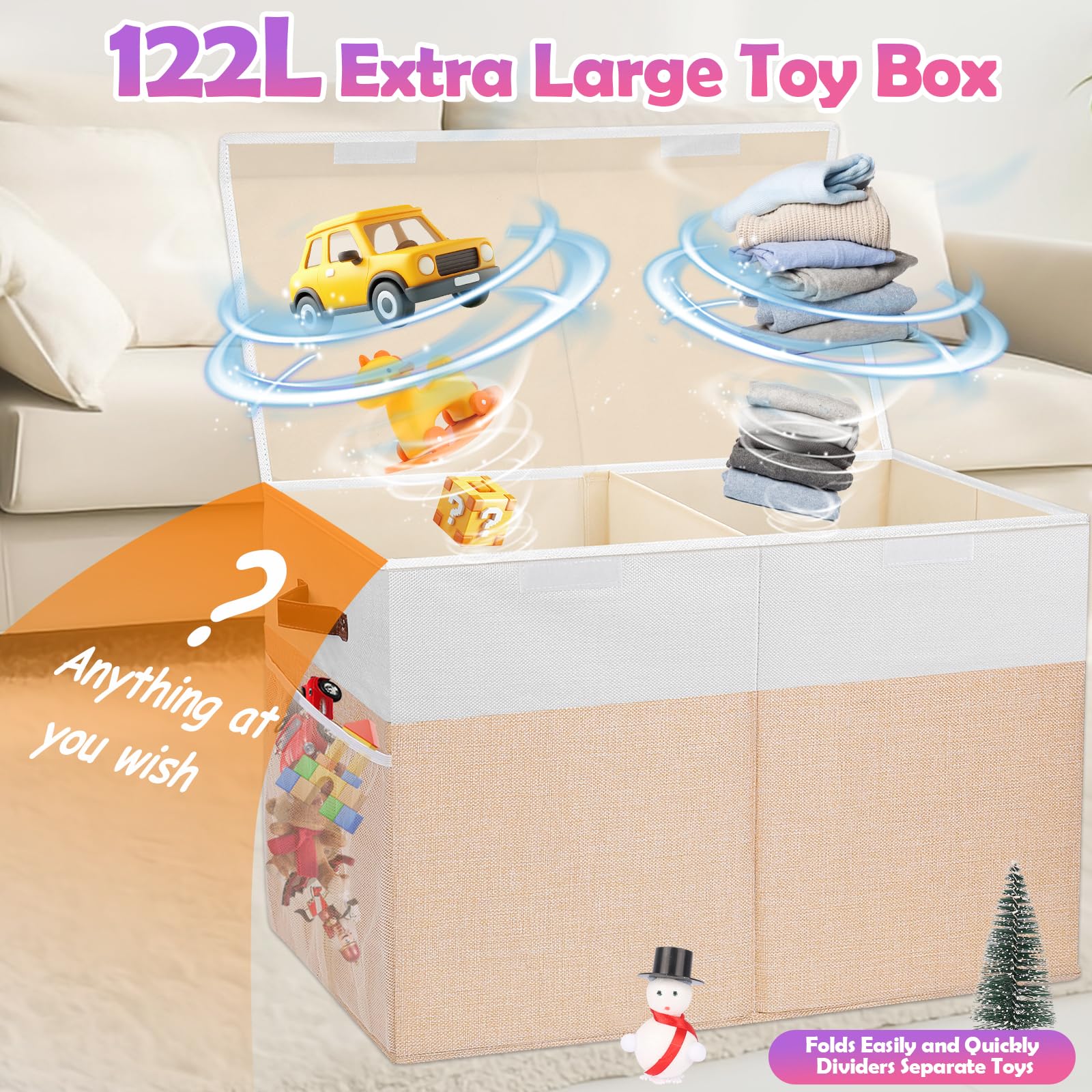 Mabahoo large toy storage box divider creates two compartments for easy sorting.
