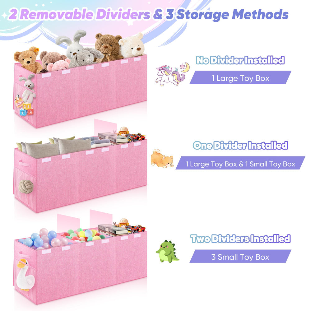 Mabahoo pink toy box in nursery complements decor while concealing clutter.