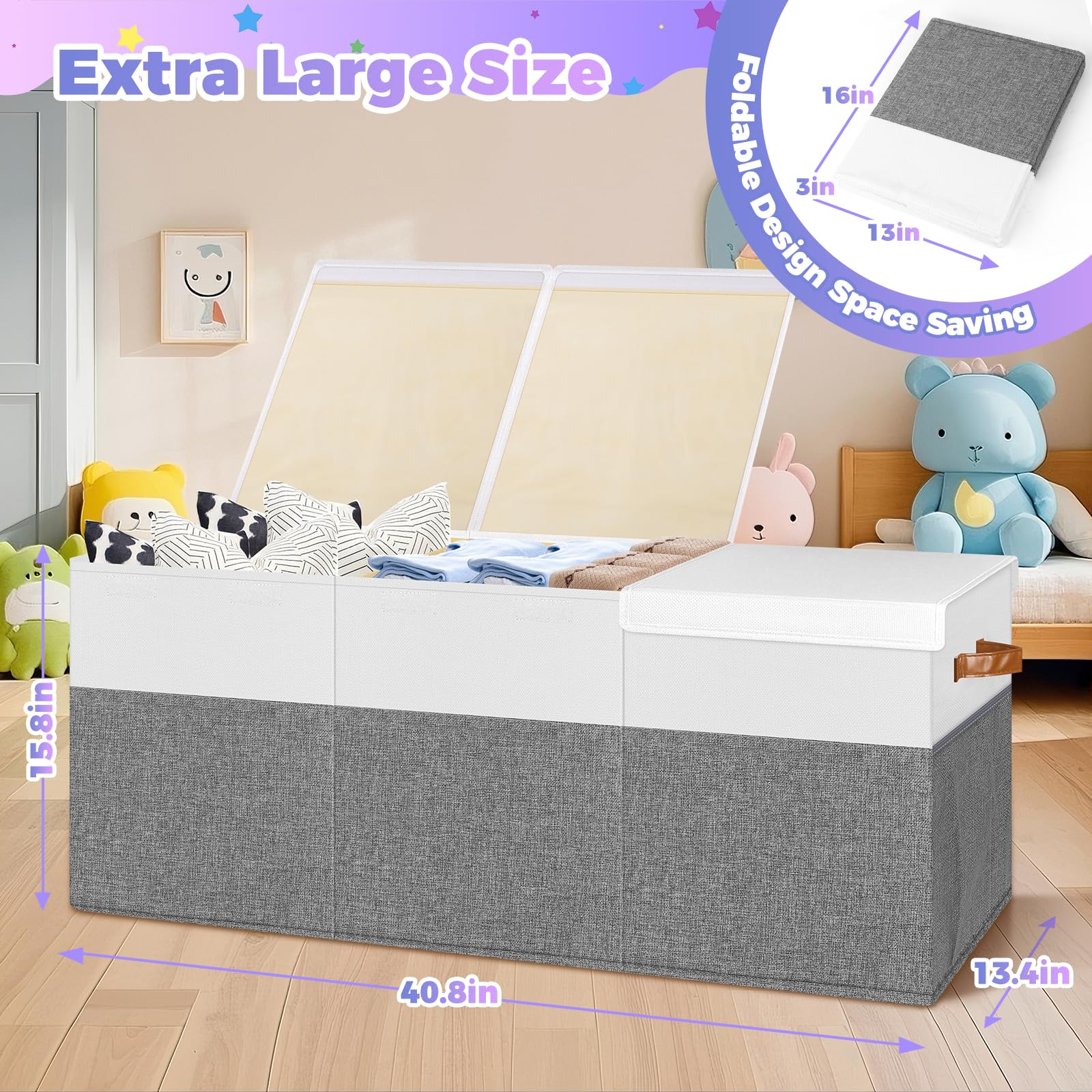 Mabahoo reinforced carrying handles simplify moving the toy box around.