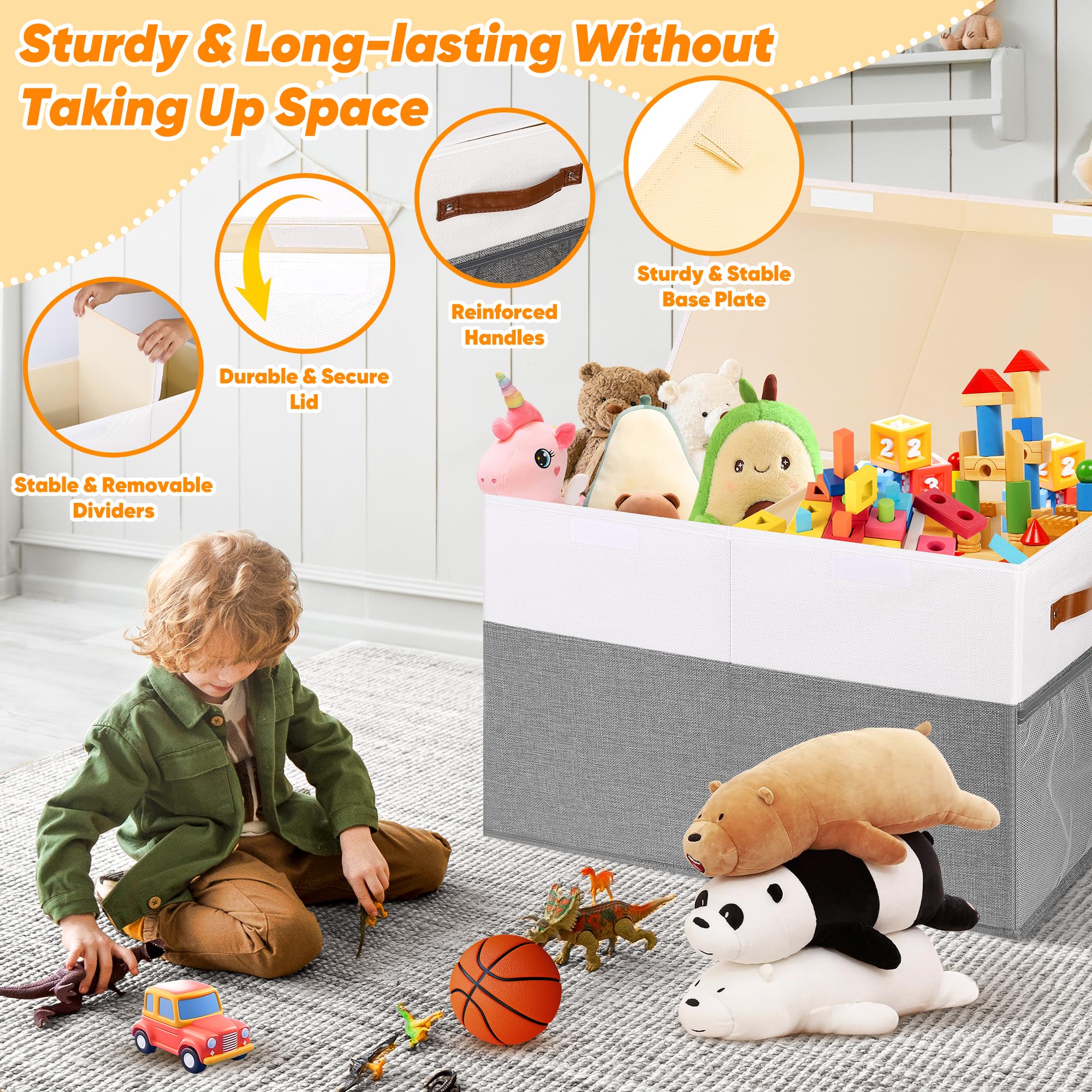 Mabahoo 85L capacity toy box stores stuffed animals and clothing.