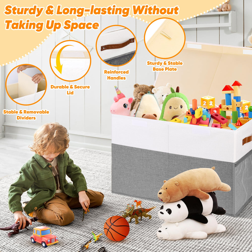 Mabahoo 85L capacity toy box stores stuffed animals and clothing.