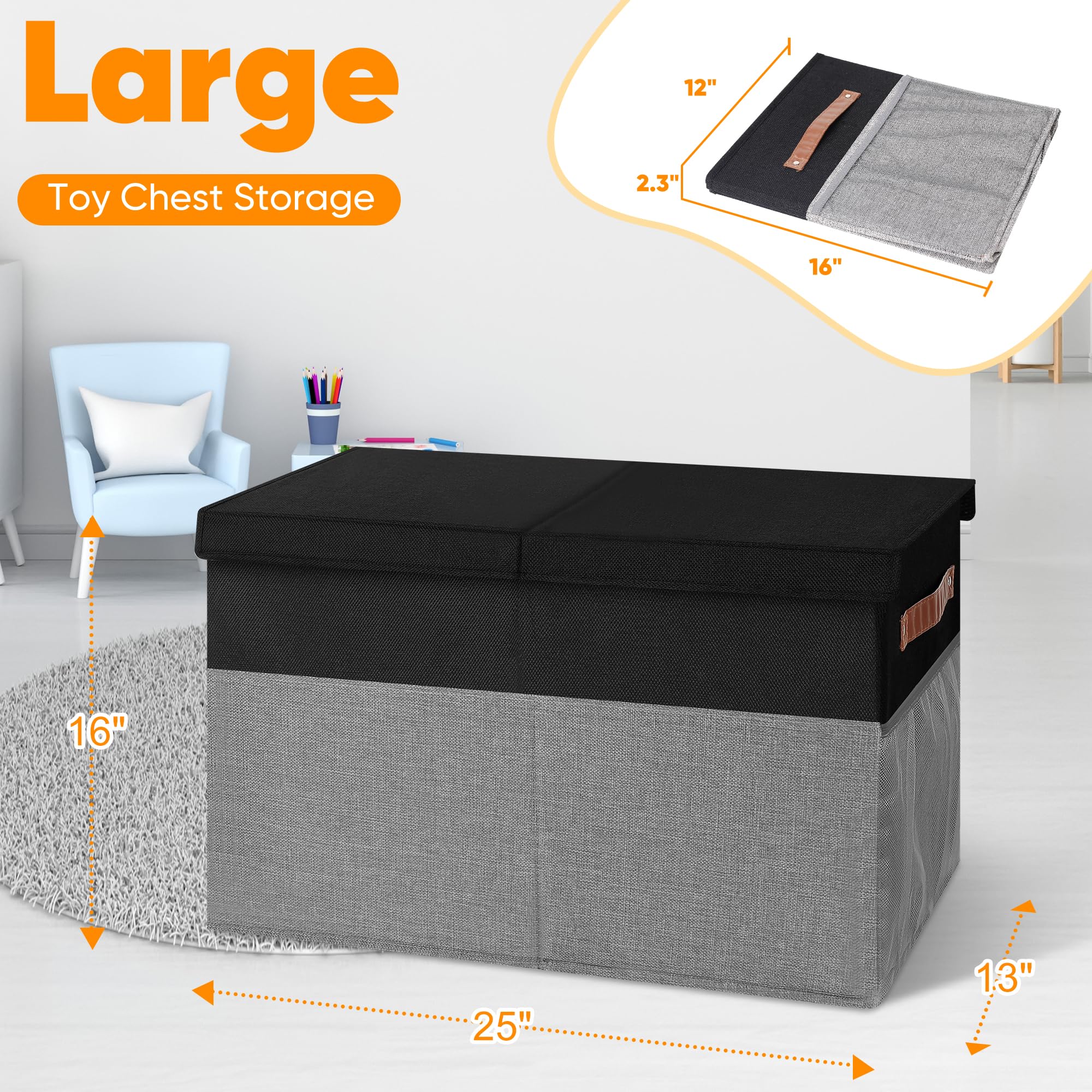 Mabahoo toy box closed display highlights 25x13x16 dimensions for planning.