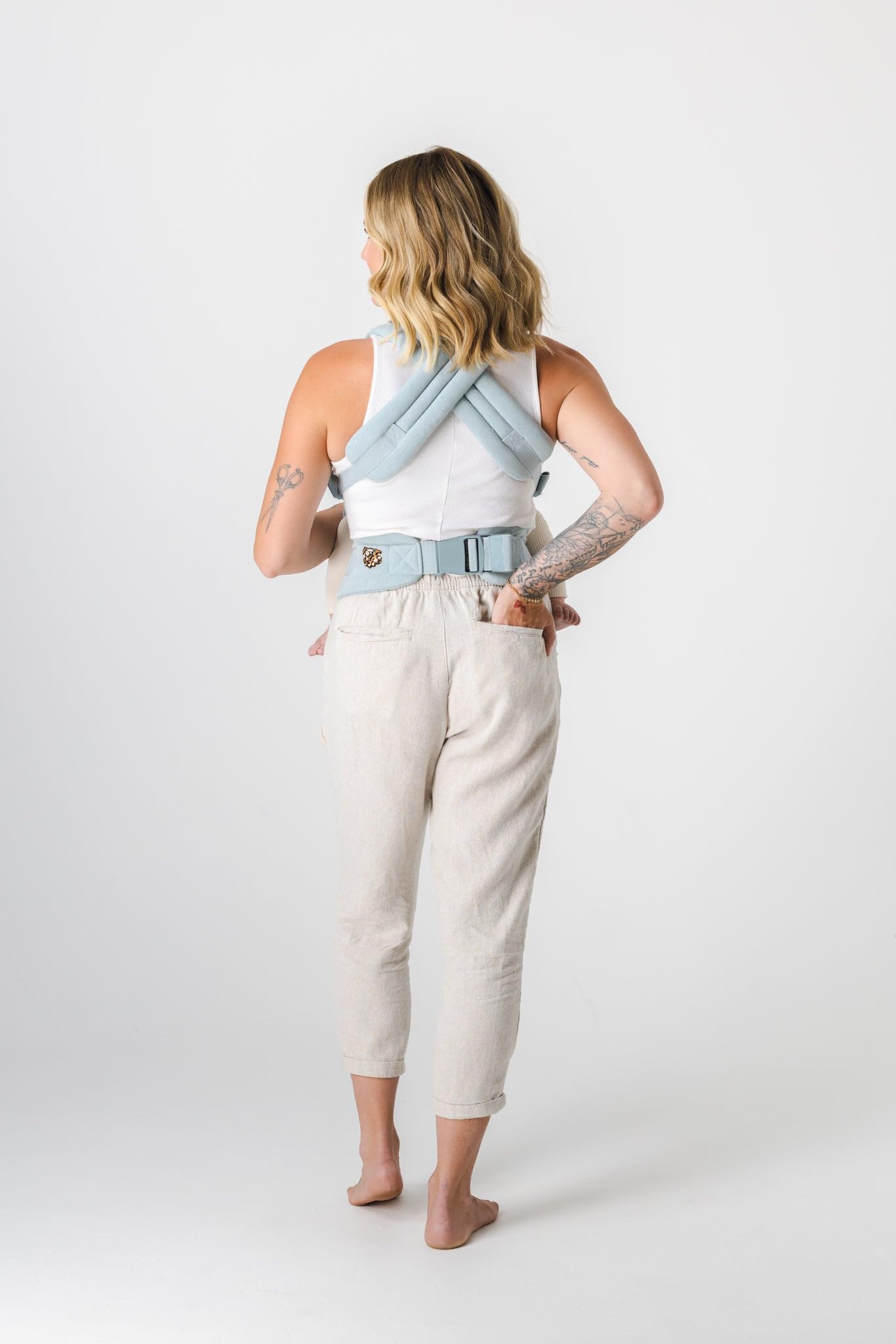 MABE Monarch back-carry in denim enables hands-free parent duties.