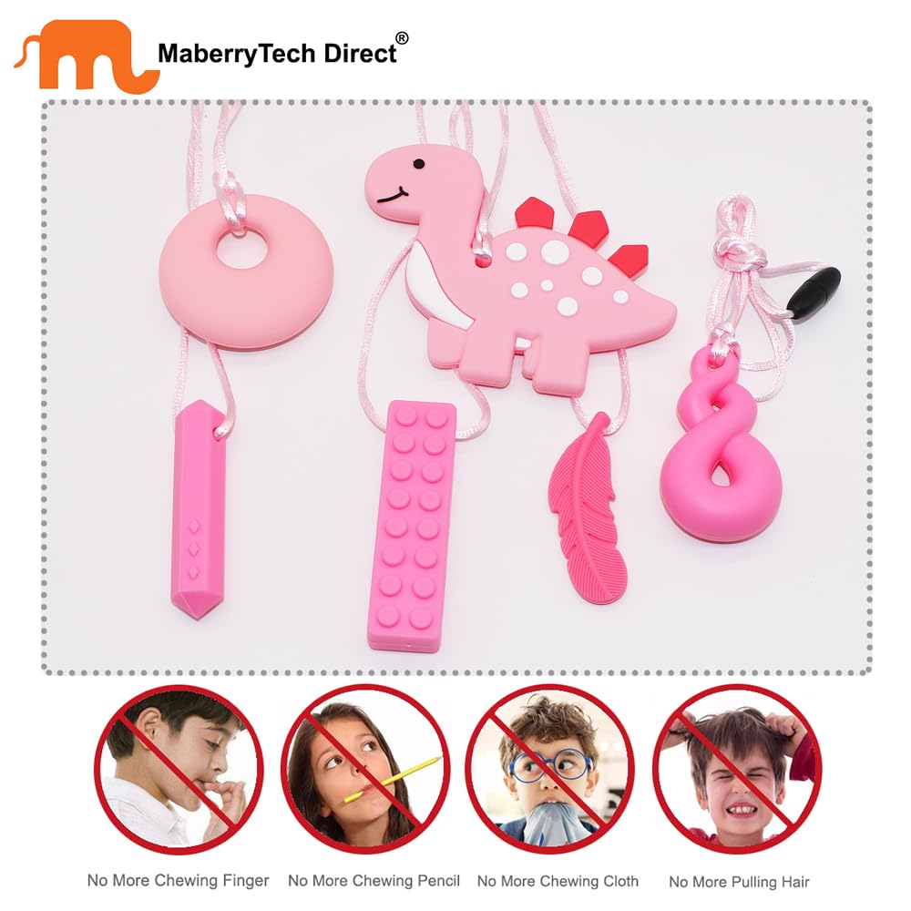MaberryTech Direct chew necklace pink-dinosaur highlights silicone sensory toy for safe chewing and concentration.