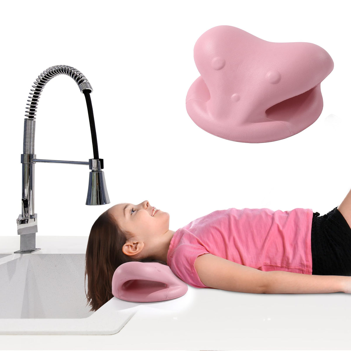MABOZOO hair-washing-station-kids-pink-front-view shows ergonomic neck pillow for gentle wash time