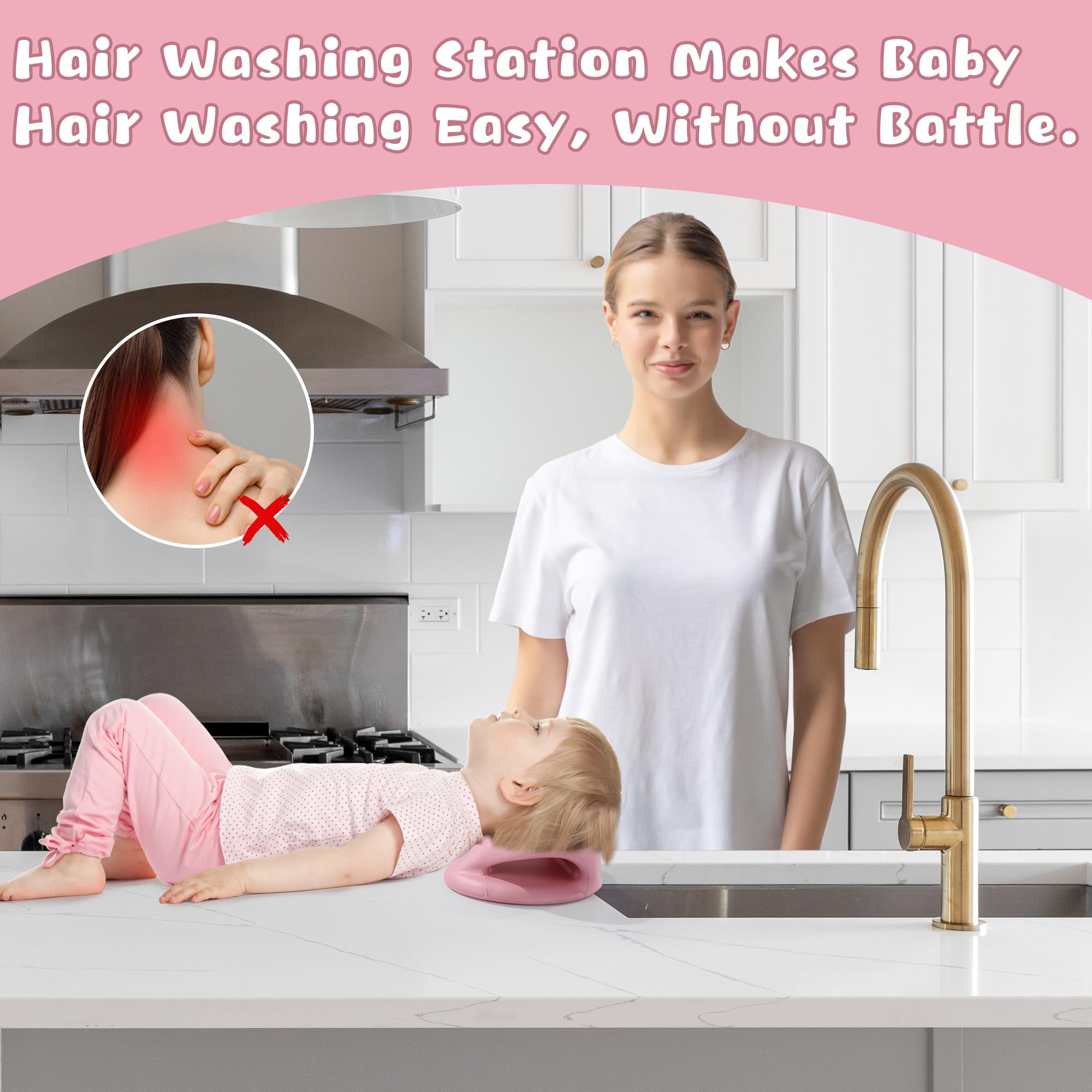 MABOZOO hair-washing-station-kids-pink-setup shows easy placement for parents during wash