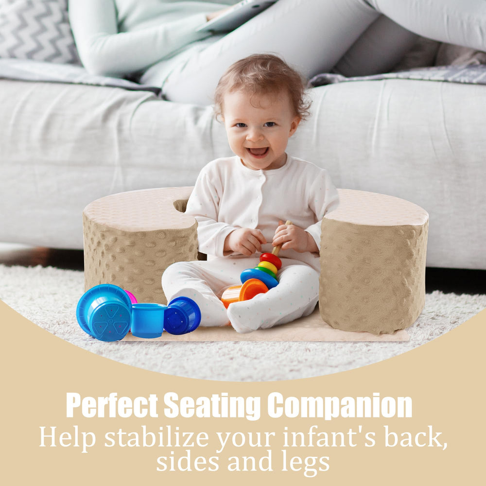 MABOZOO Sit Up Pillow in-use image shows baby seated and exploring toys safely.