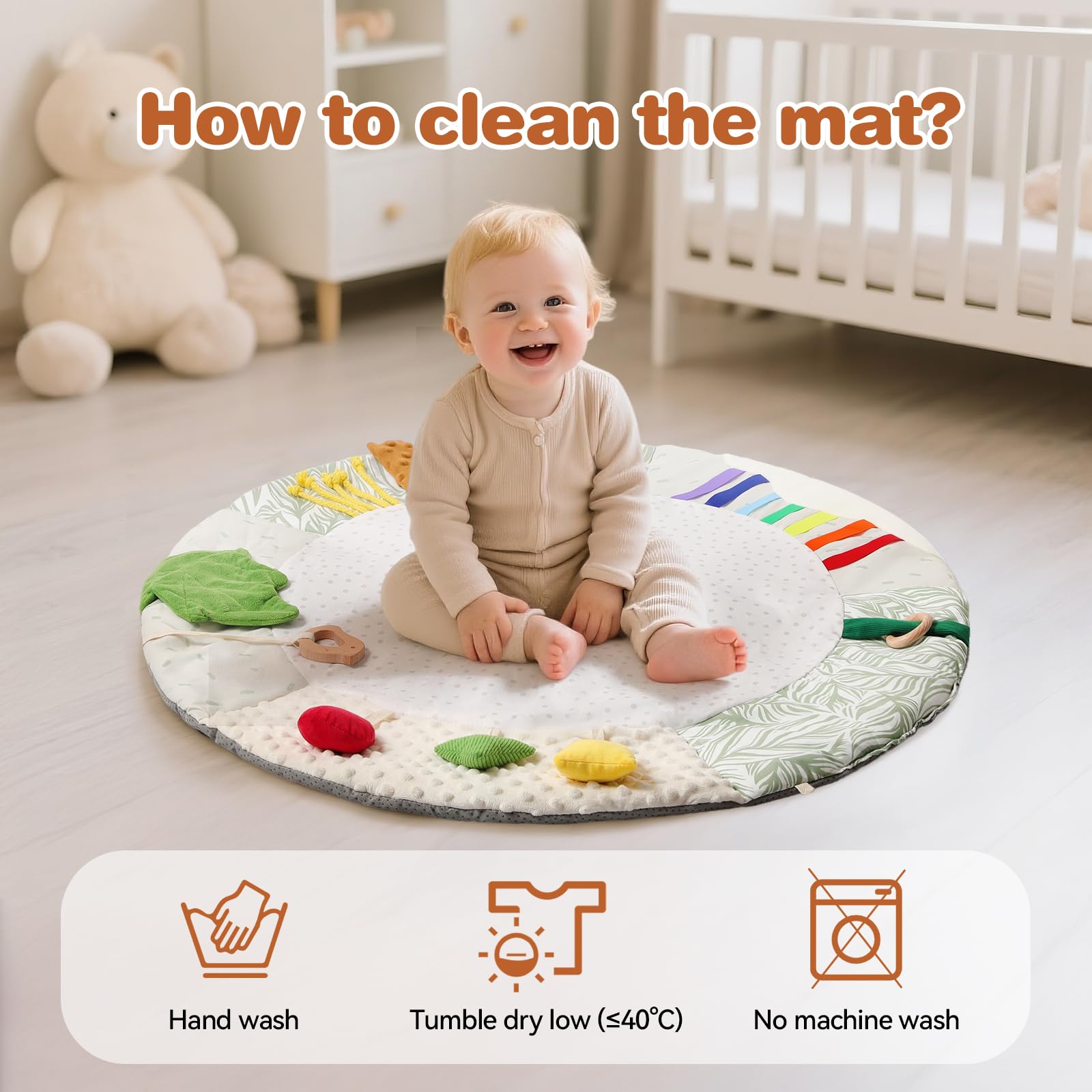Macabaka montessori baby play mat cleaning guidance: hand wash and air dry.
