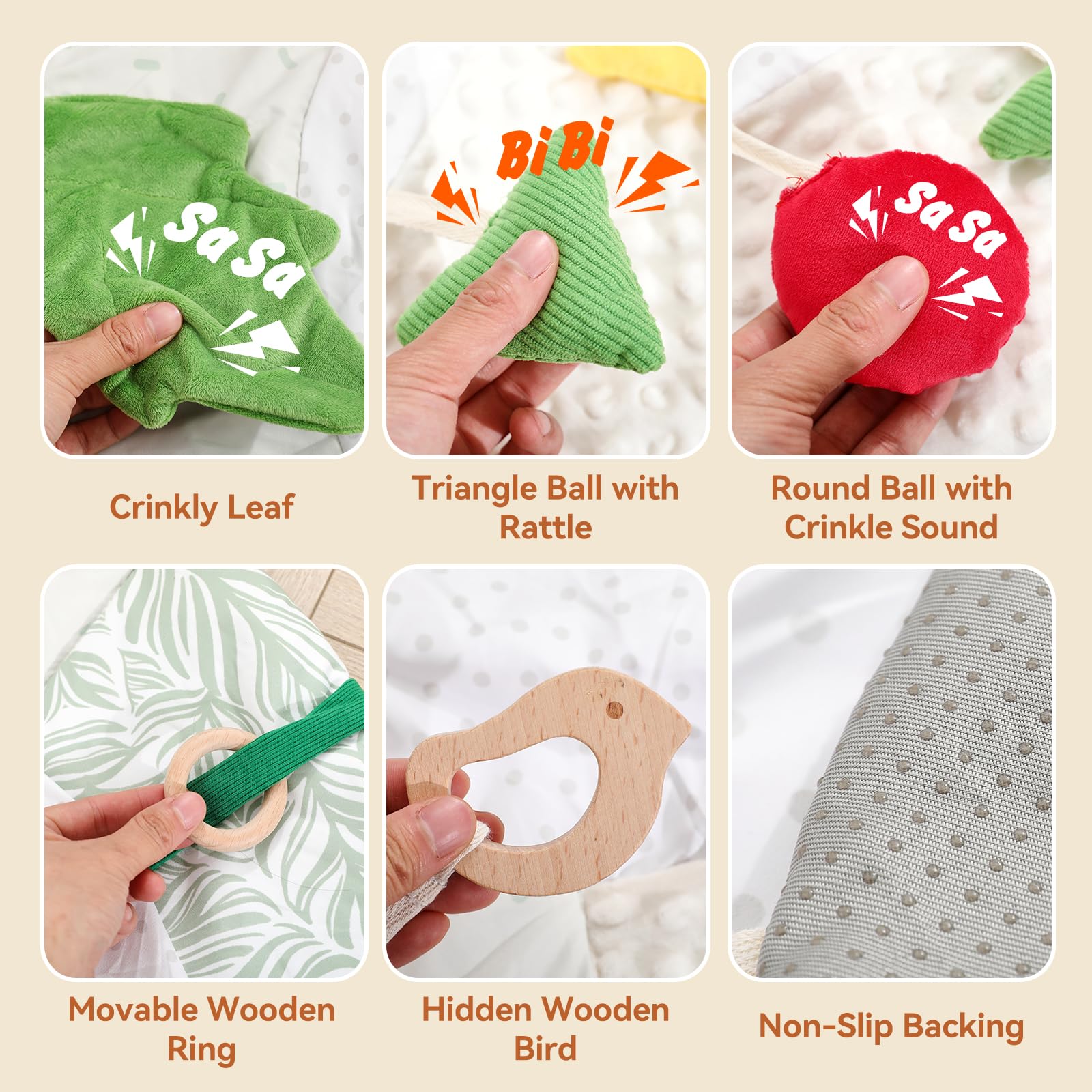Macabaka montessori baby play mat tactile textures invite touch and sensory feedback.