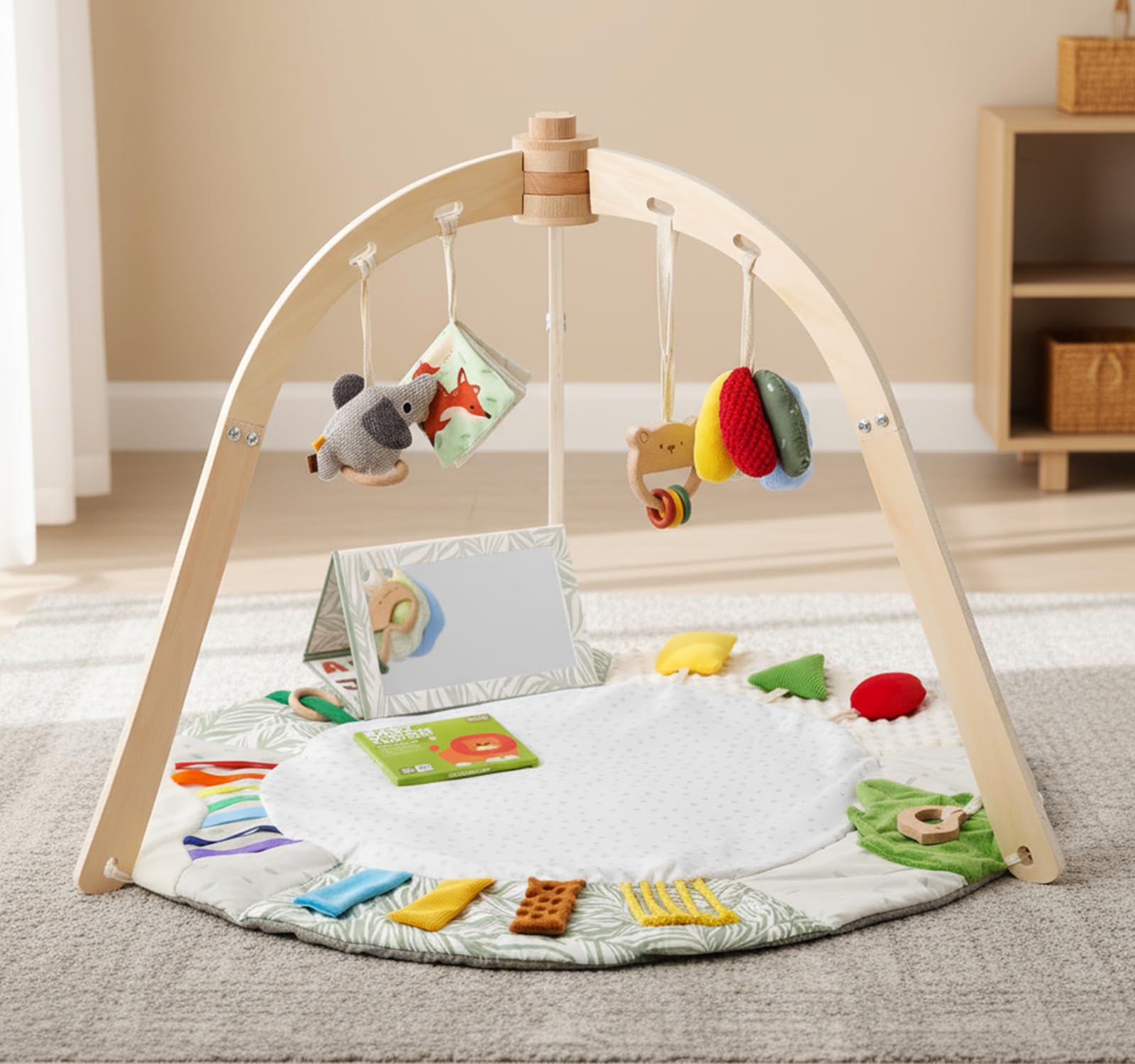 Macabaka tummy time mat with five sensory zones for exploration.