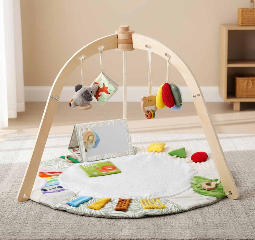 Macabaka tummy time mat with five sensory zones for exploration.
