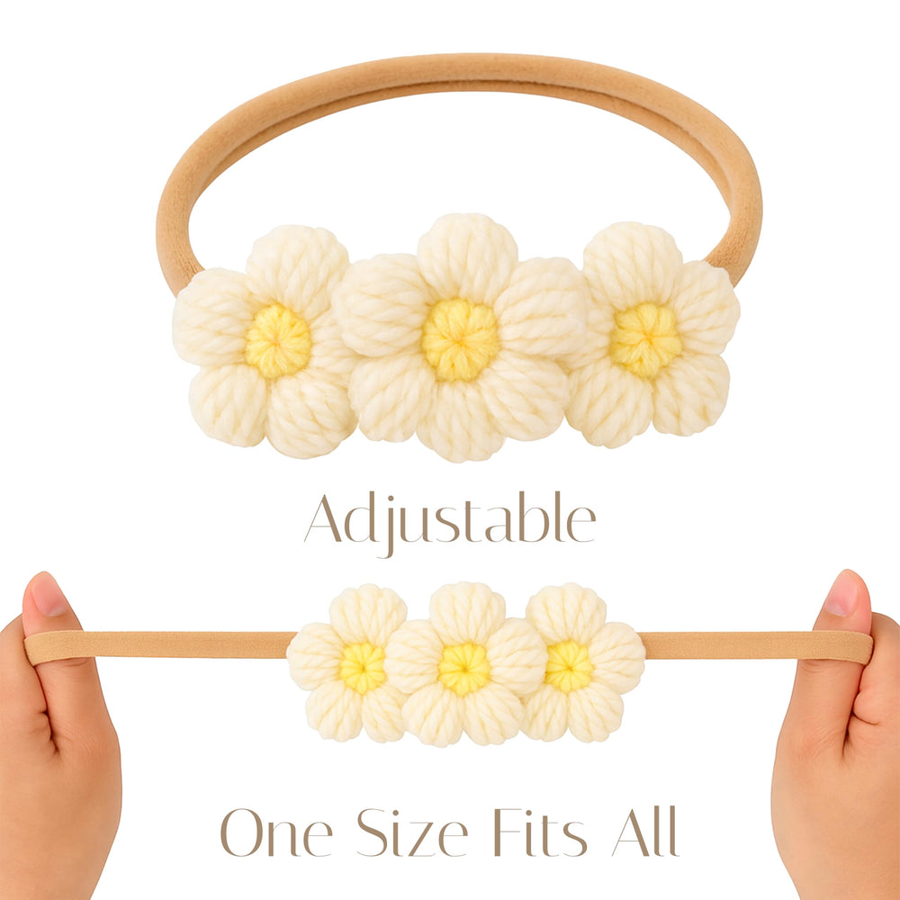 Macardac baby headband close-up highlights comfortable fabric and flowers.
